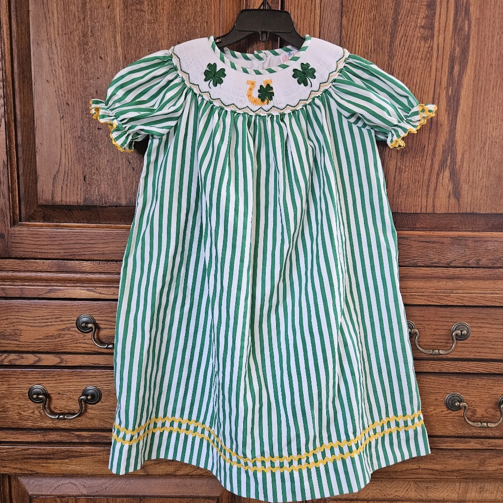 Stellybelly Smocked St. Patricks Day Shamrock Dress 4T